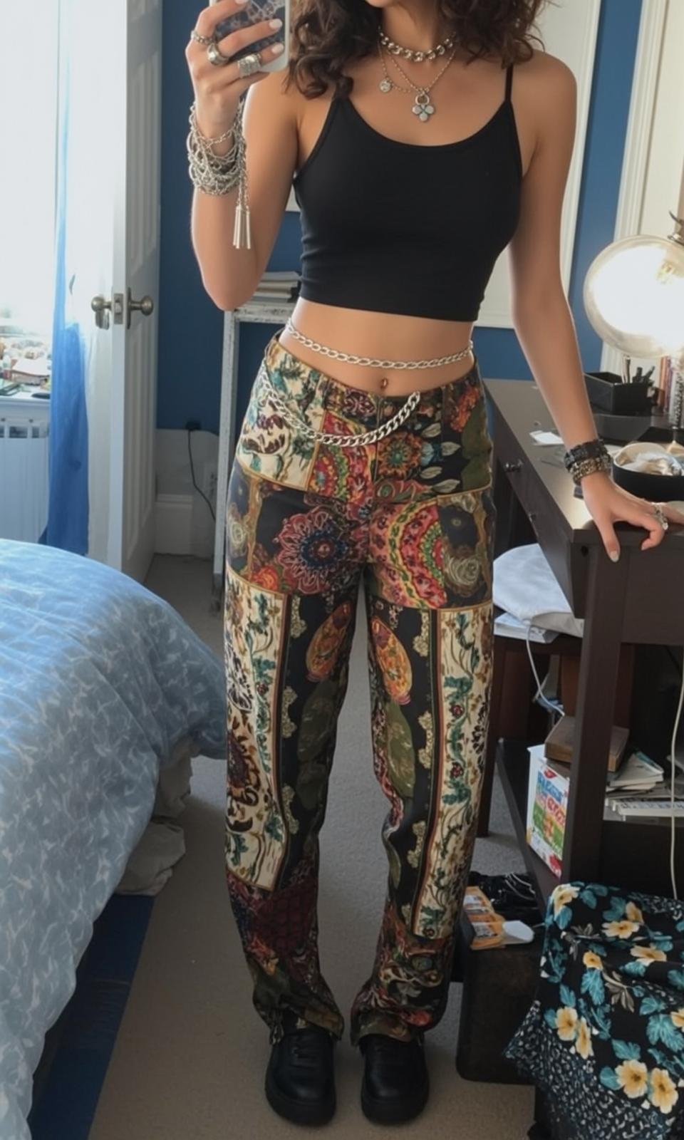 Curly Dark Hair Woman Paisley Pants Bedroom