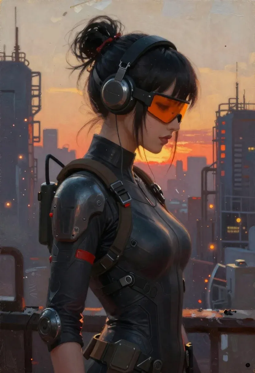 Oil Painting Portrait Cyberpunk Woman Profile Against Industrial Cityscape Sunset