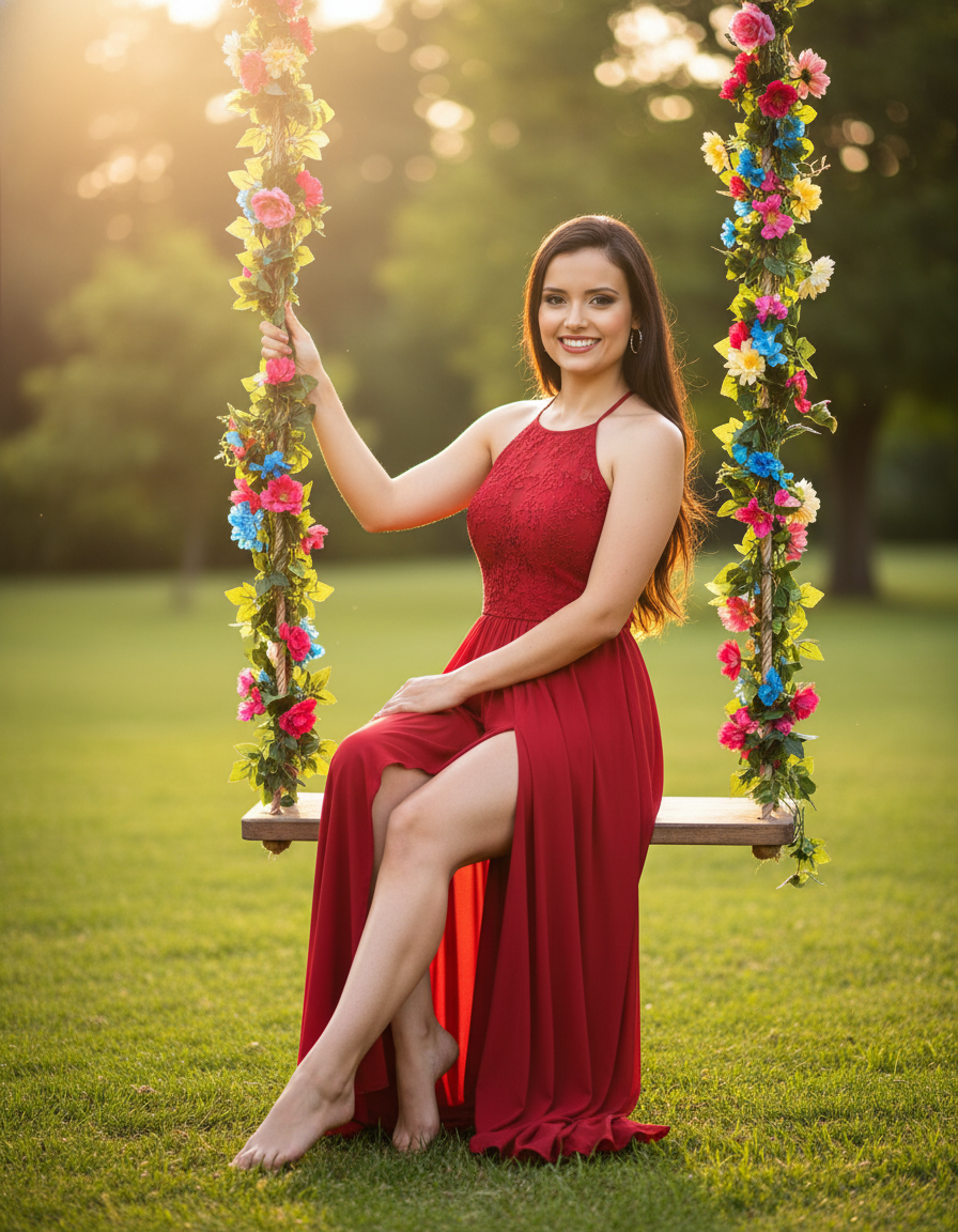 A woman on a swing in a garden, wearing a red dress, smiling warmly amidst colorful flowers and lush greenery.