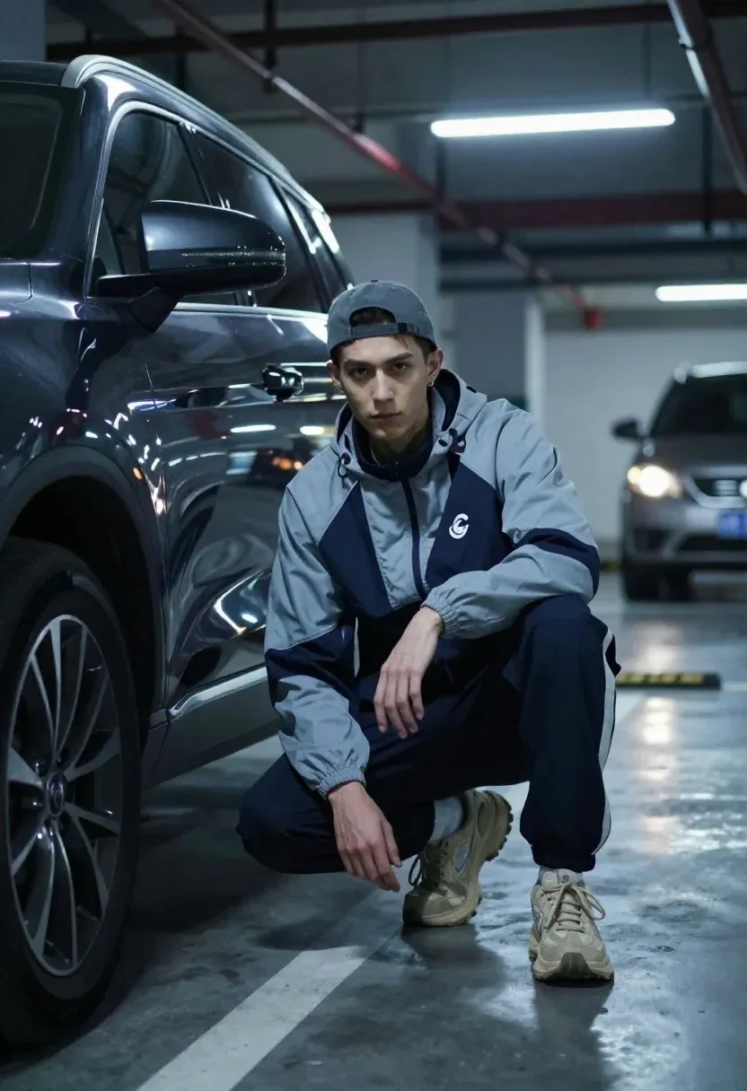 Young Man Crouches Next Large Dark Suv Dimly Lit Underground