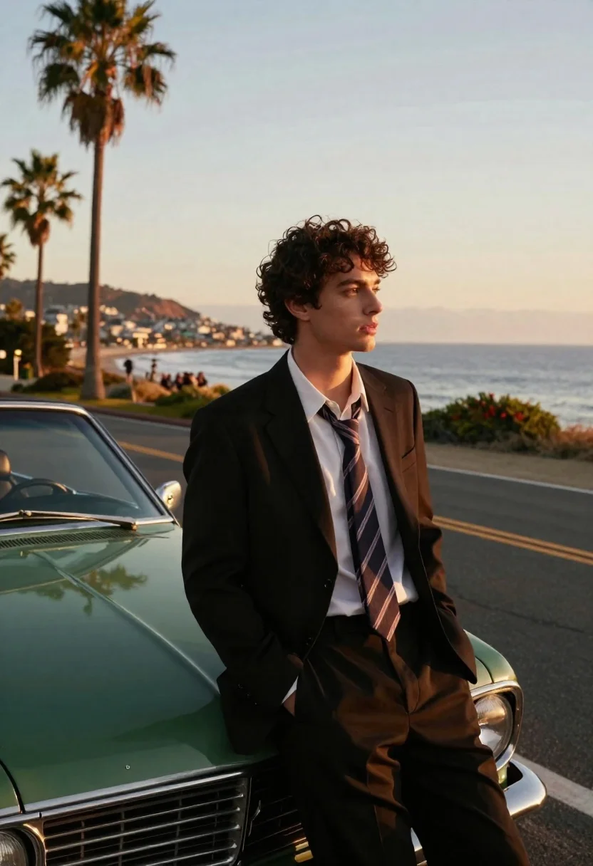 Handsome Young Man With Dark Curly Hair Leans Casually Against