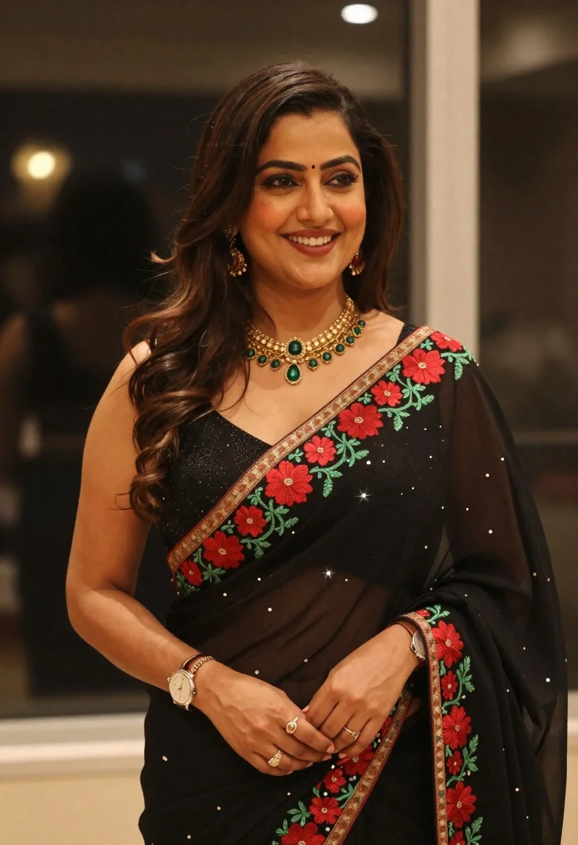 Smiling Woman With Long Dark Hair Wearing Elegant Black Saree reference photo