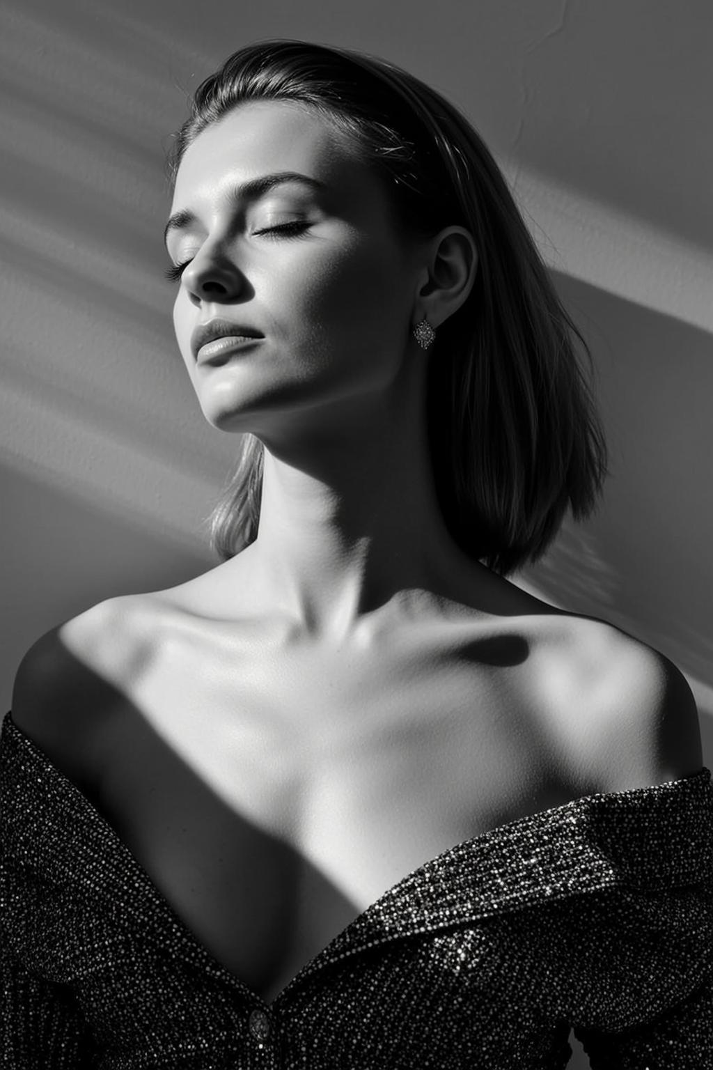 Photorealistic Black And White Portrait Young Woman With Her Eyes