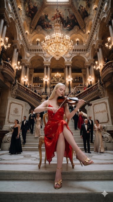 A golden-haired muse stands on a baroque staircase, playing a violin in warm amber light, wearing a crimson corset.