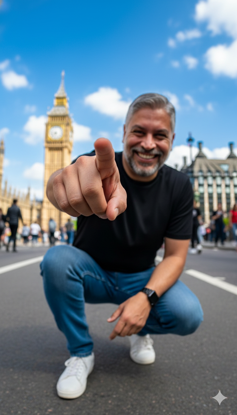 A cheerful traveler pointing towards the camera in front of Big Ben on a sunny day, capturing a dynamic low-angle perspective.