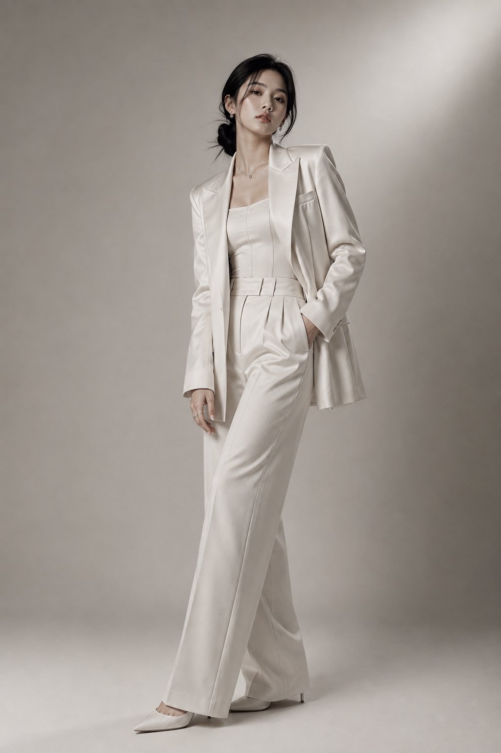 A monochromatic fashion portrait featuring a woman in an ivory satin blazer, striking a confident pose in a minimalist studio.