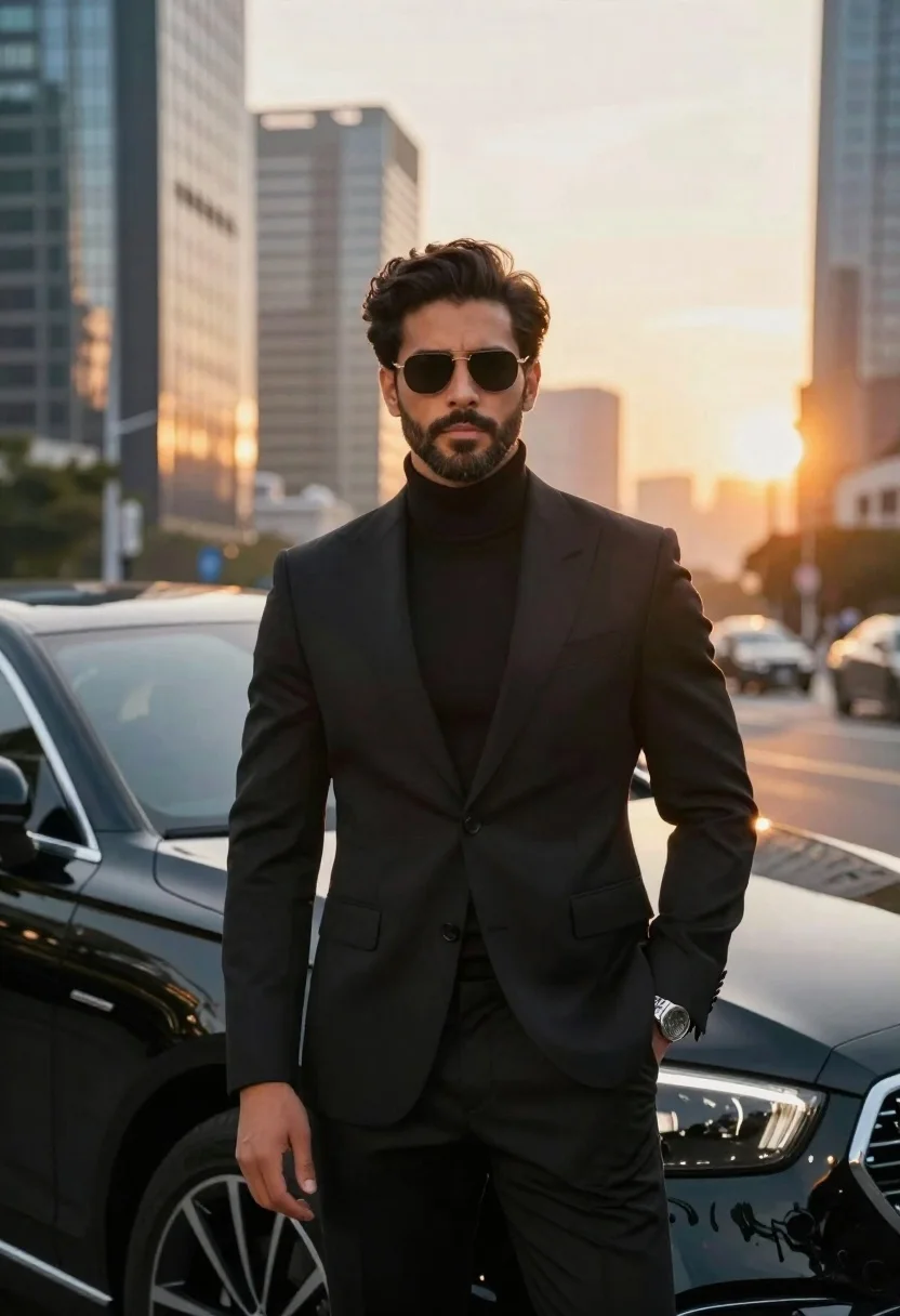 Confident Man Stands Front Sleek Black Luxury Car With Modern