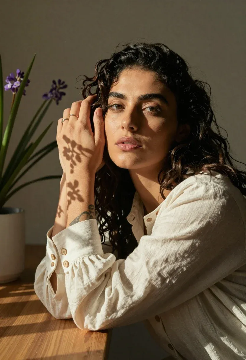 Woman With Dark Wavy Hair Poses Soft Indoor Setting Her