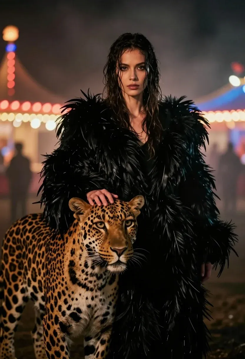 Woman With Wet Dark Hair Stands Misty Night Scene Wearing