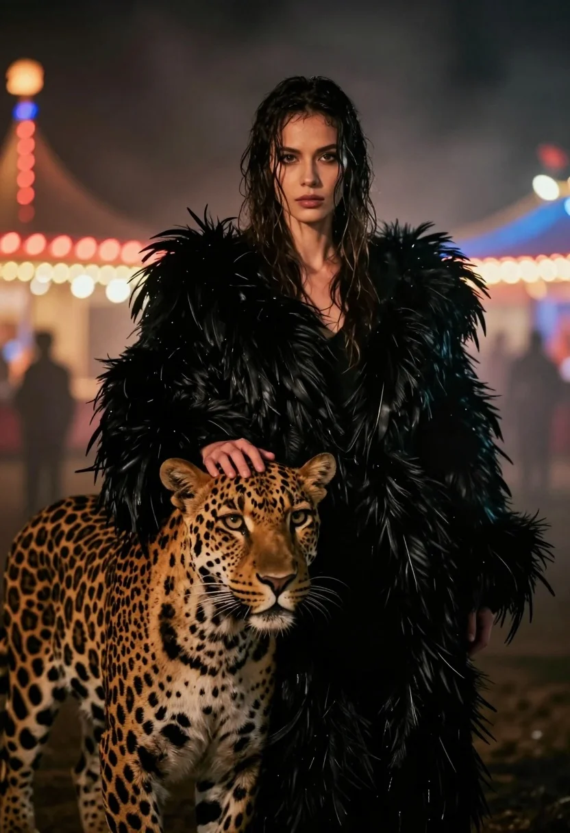 A woman with wet dark hair in a black feathered coat stands in a misty night scene, gently touching a leopard's head.