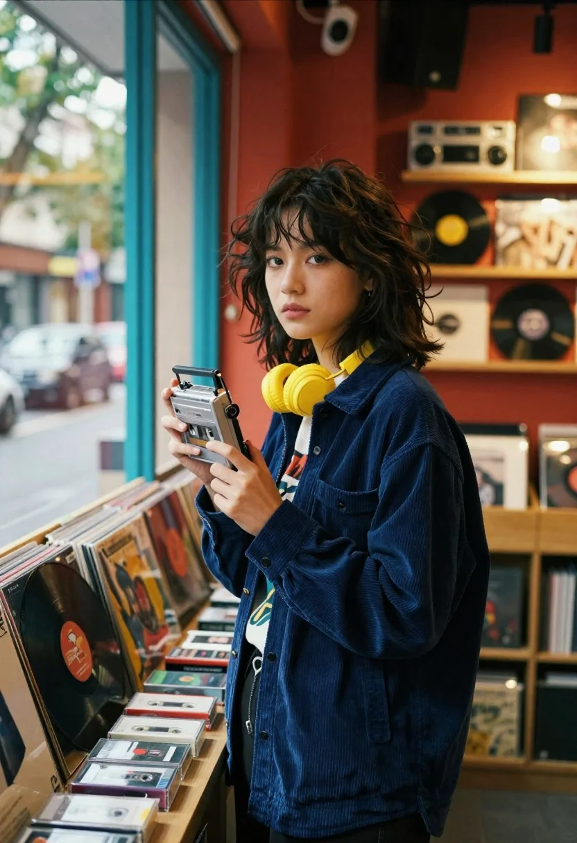 Young Woman With Tousled Dark Hair Stands Cozy Record Store