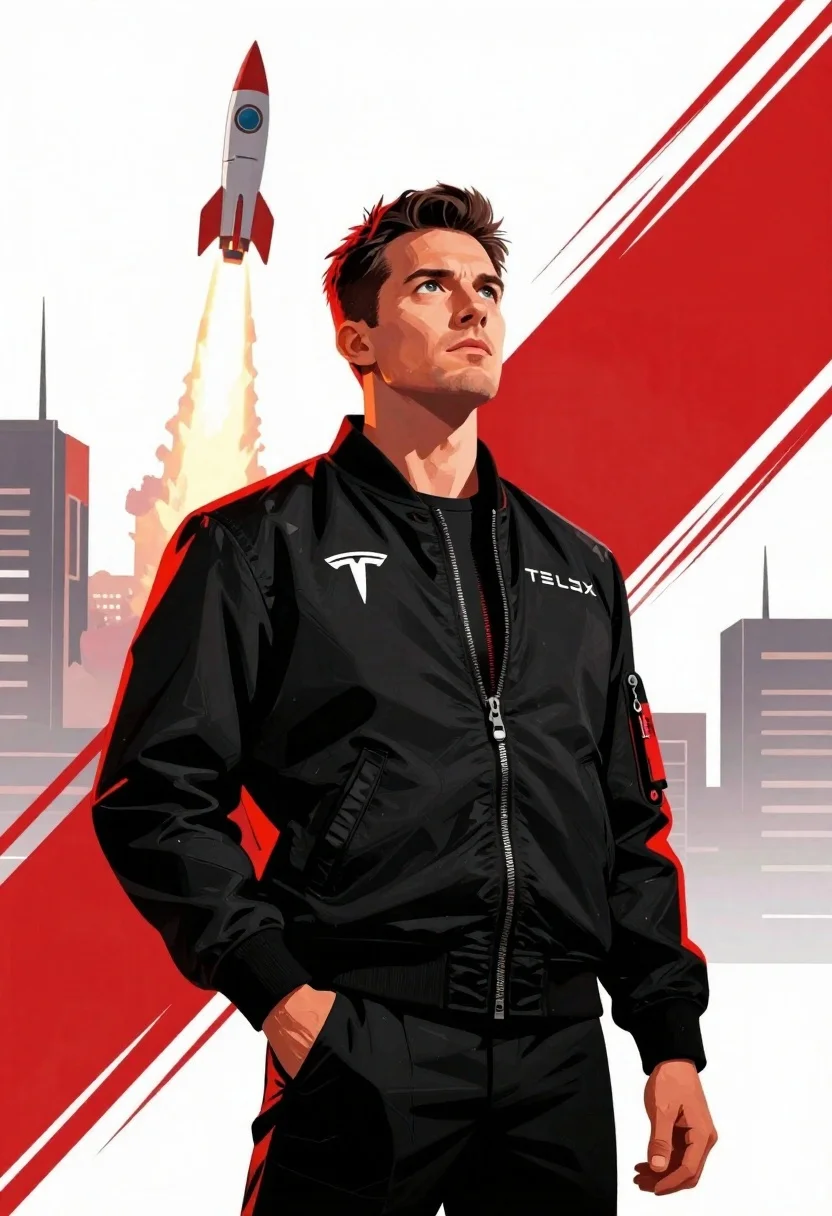 A vibrant digital illustration of a man in a black bomber jacket, confidently standing with one hand in his pocket, looking at a stylized rocket.