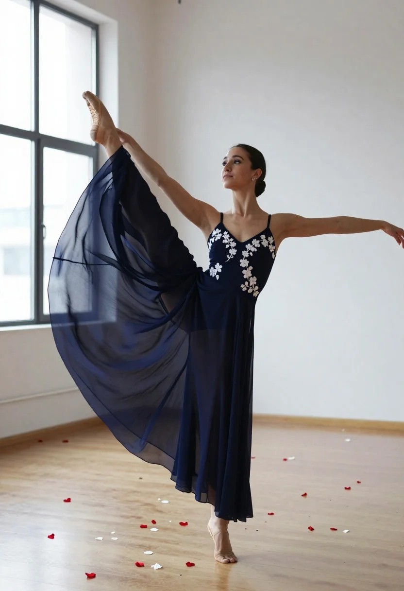 Graceful Woman Flowing Navy Blue Gown Performs Elegant Dance Pose
