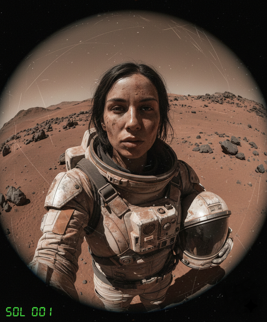 Astronaut Mars Selfie Dusty Suit Holding Helmet