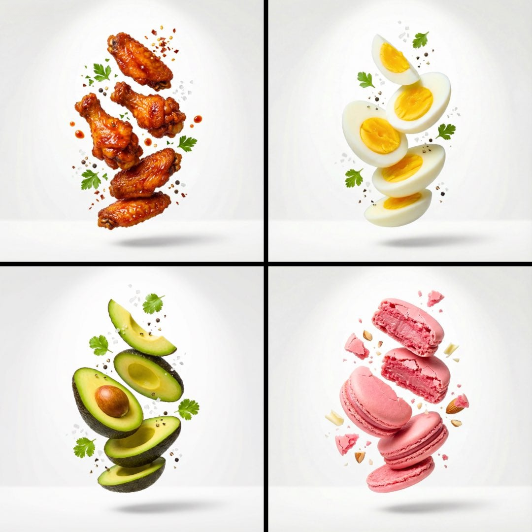 Photorealistic composition of stacked food items on a white background.