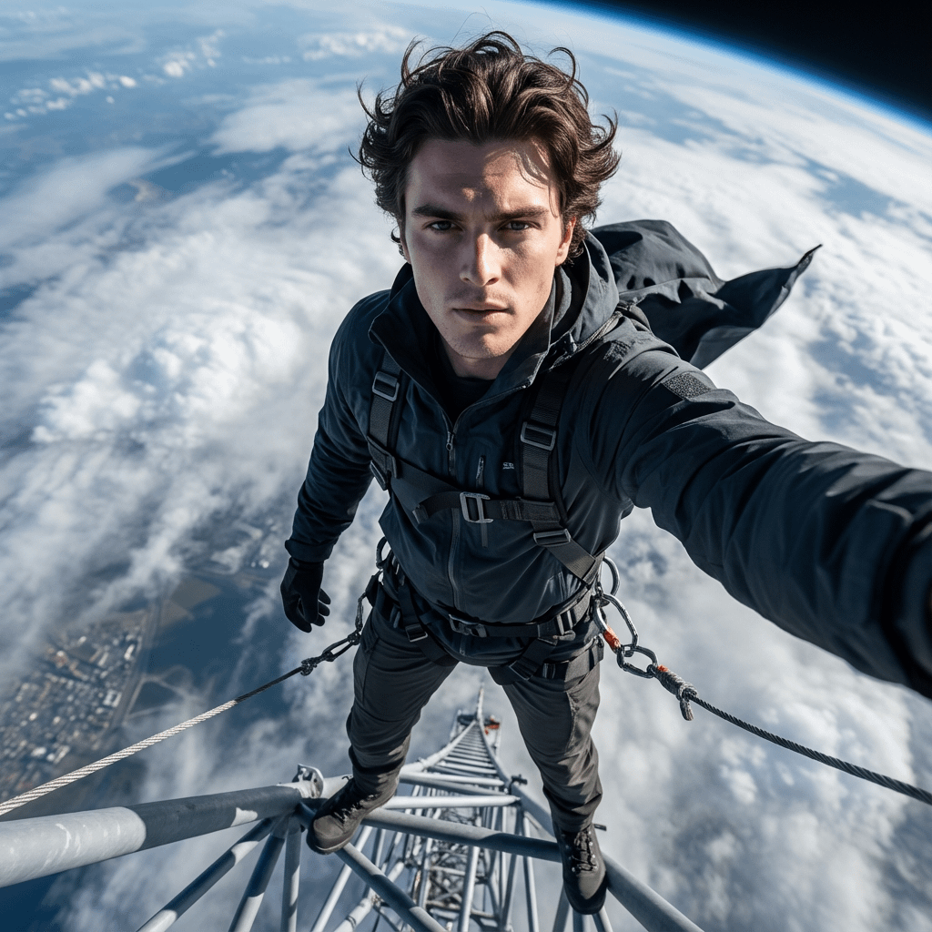 A person wearing a dark blue jacket and cargo pants stands atop a tall tower, holding a camera with clouds and Earth's curvature in the background.