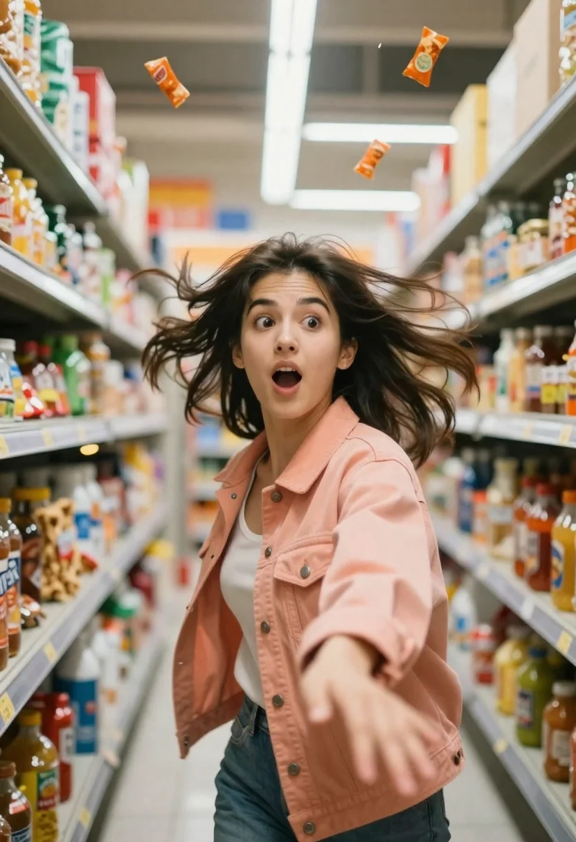 Dynamic Medium Shot Young Woman Motion Inside Brightly Lit Grocery reference photo
