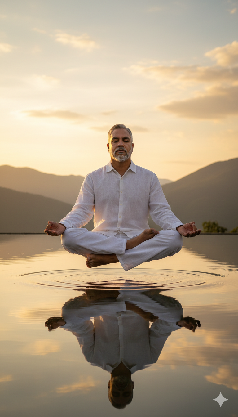 A man in white clothing floating in lotus pose on calm water, with mountains and a golden sunset in the background.