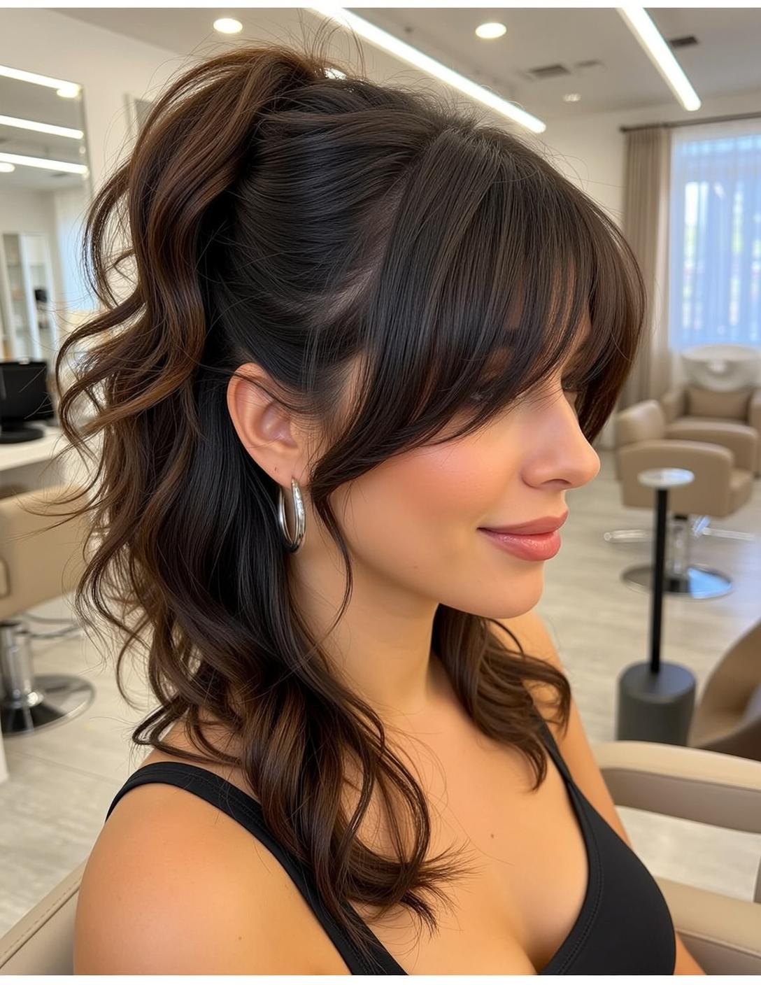 Hair Salon Young Dark Brown Wavy Ponytail