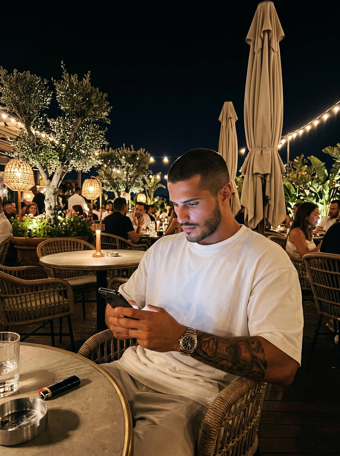 Man seated on a woven chair at an outdoor restaurant terrace, holding a smartphone, warm lighting highlights the scene.