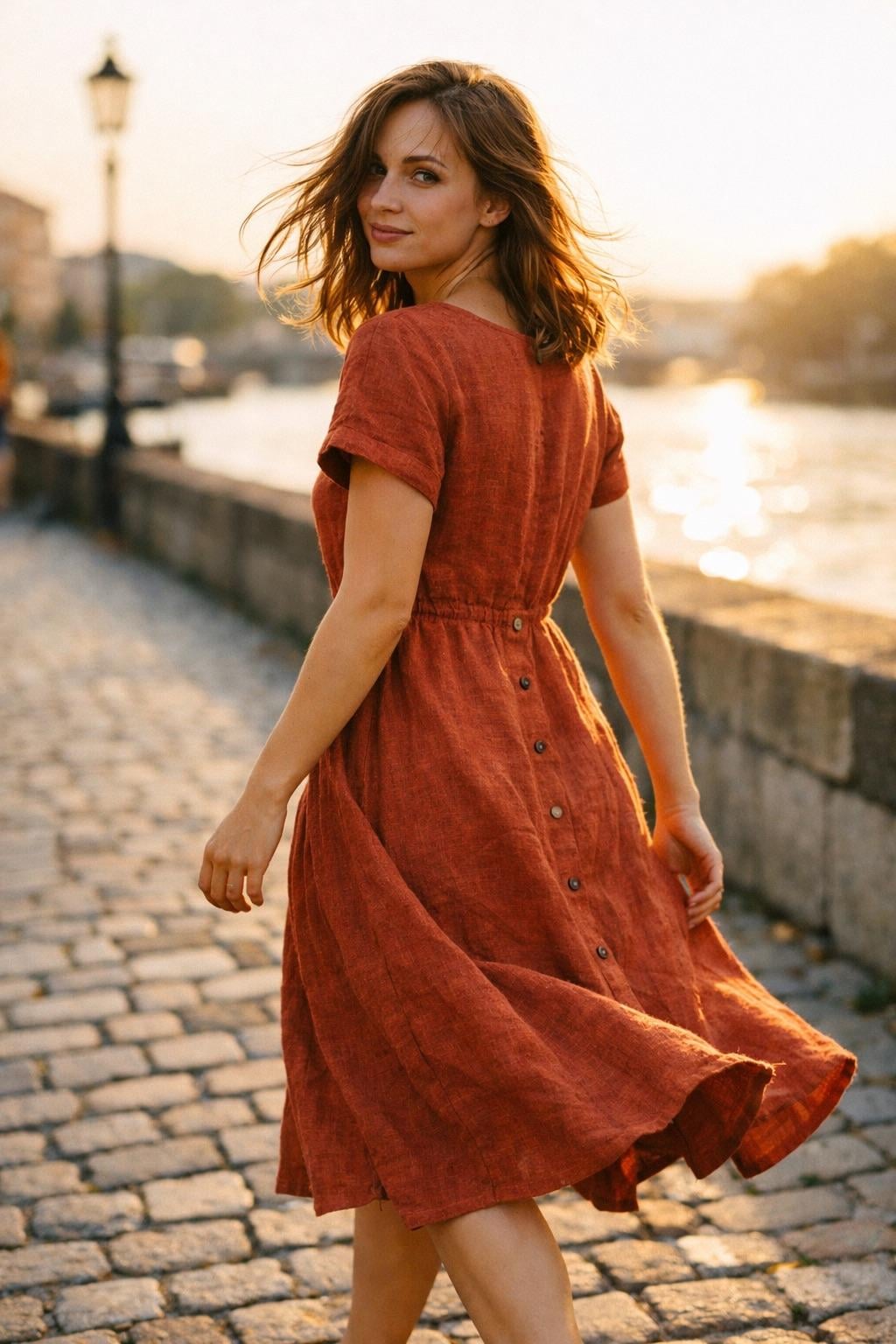 Cobblestone Riverside Walk Golden Hour Rust Linen Dress