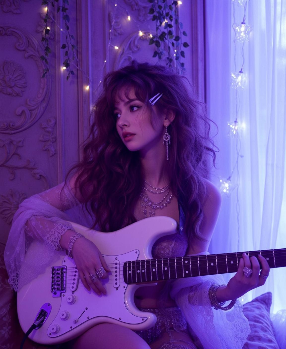 Playing White Guitar On Ornate Couch