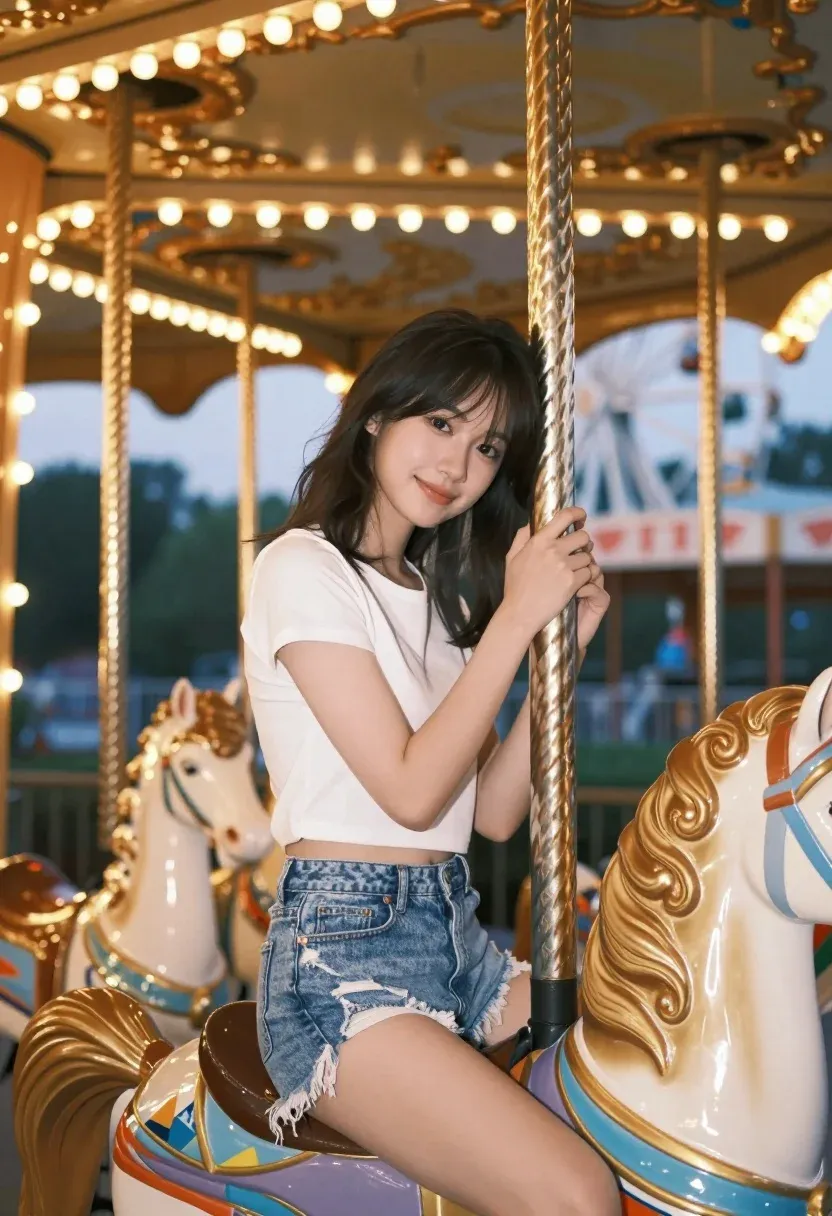 Young Woman Sits Gracefully Atop Golden Carousel Horse Holding The