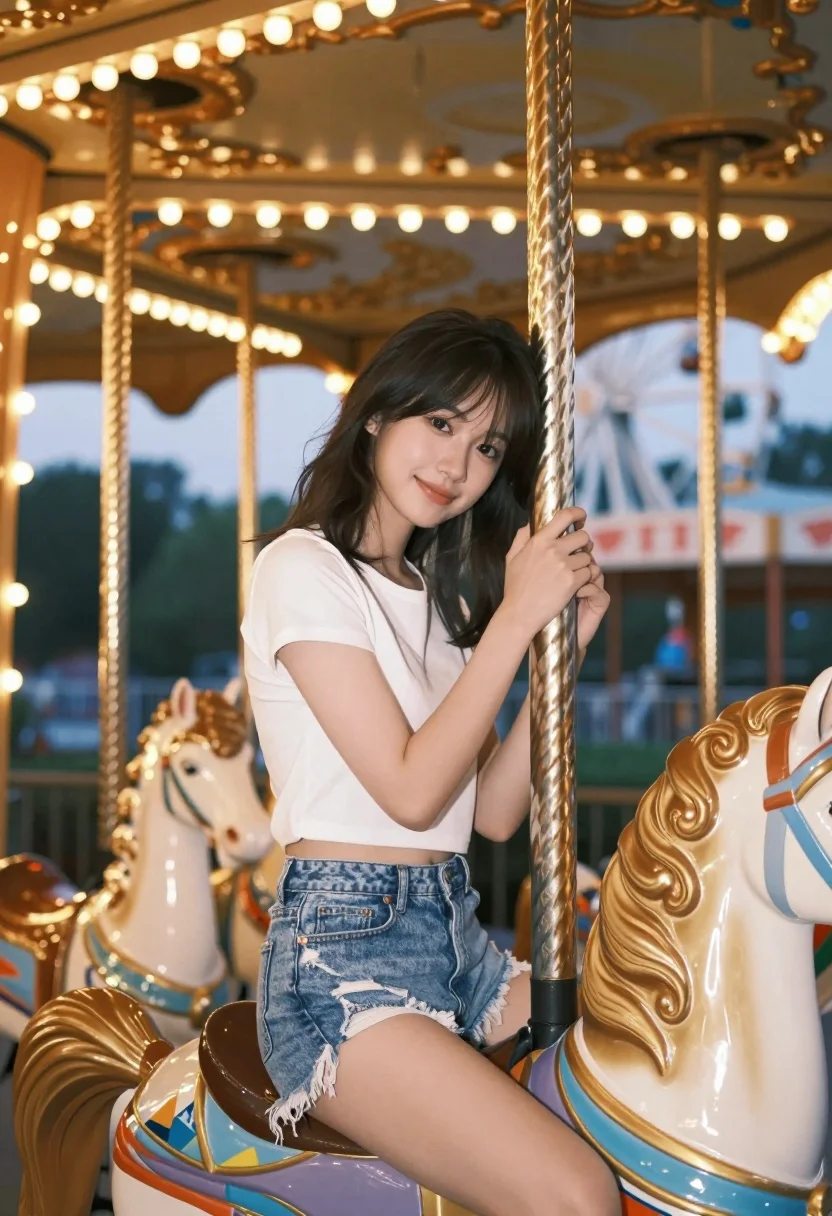 Young Woman Sits Gracefully Atop Golden Carousel Horse Holding The