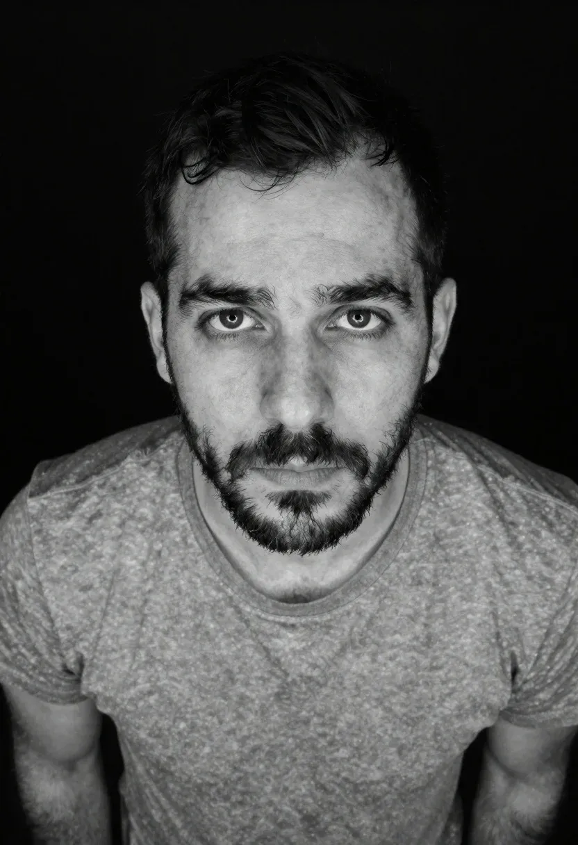 Black And White High-angle Portrait Man Looking Directly The Camera