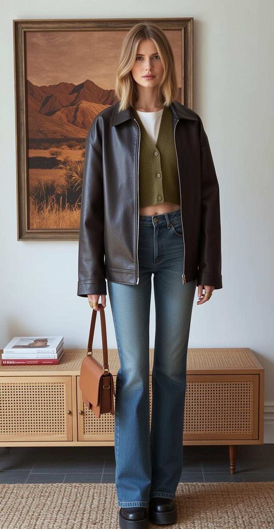 Olive Cardigan Flare Jeans