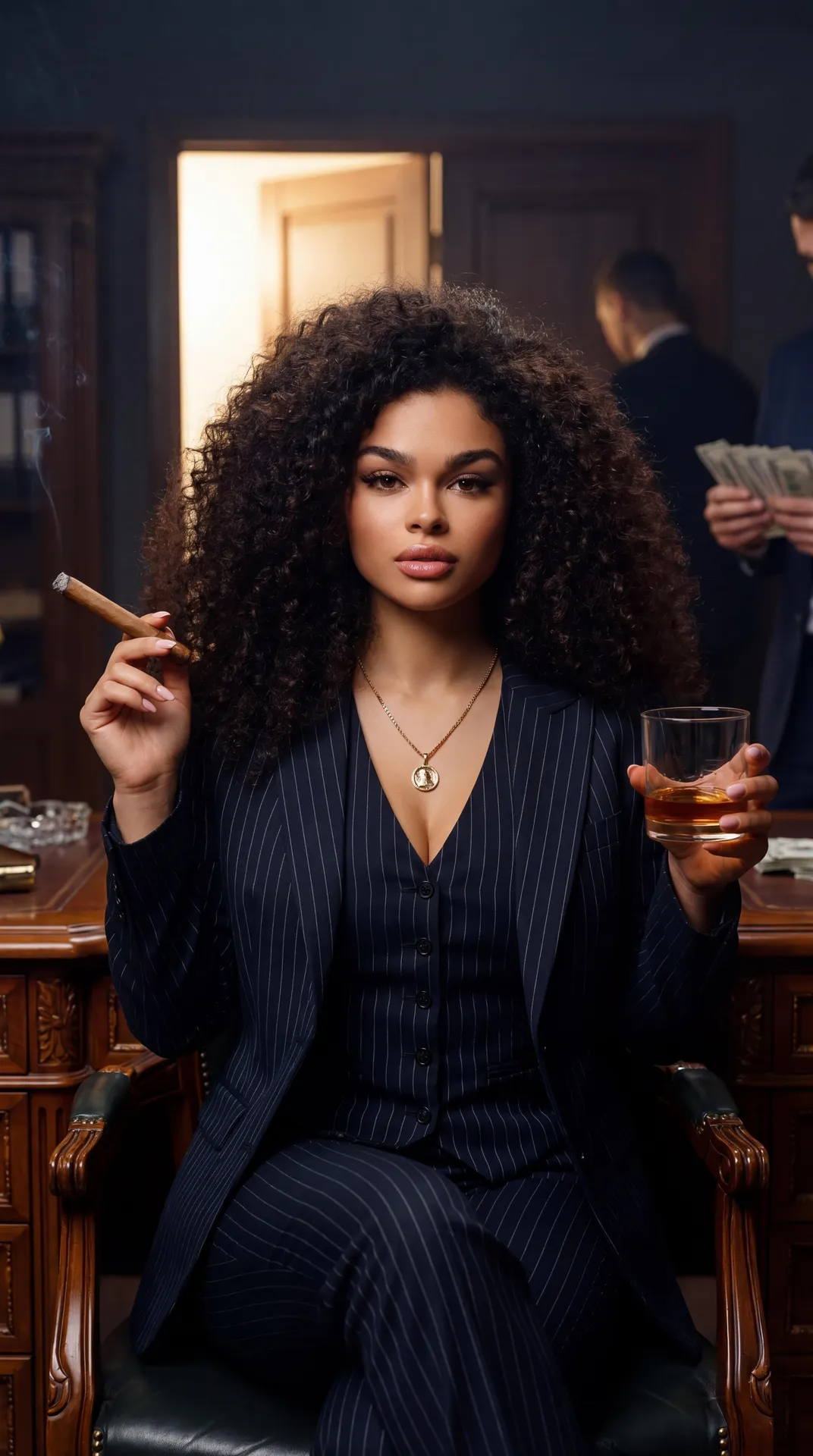 Pinstripe Suit With Cigar And Whiskey In Office