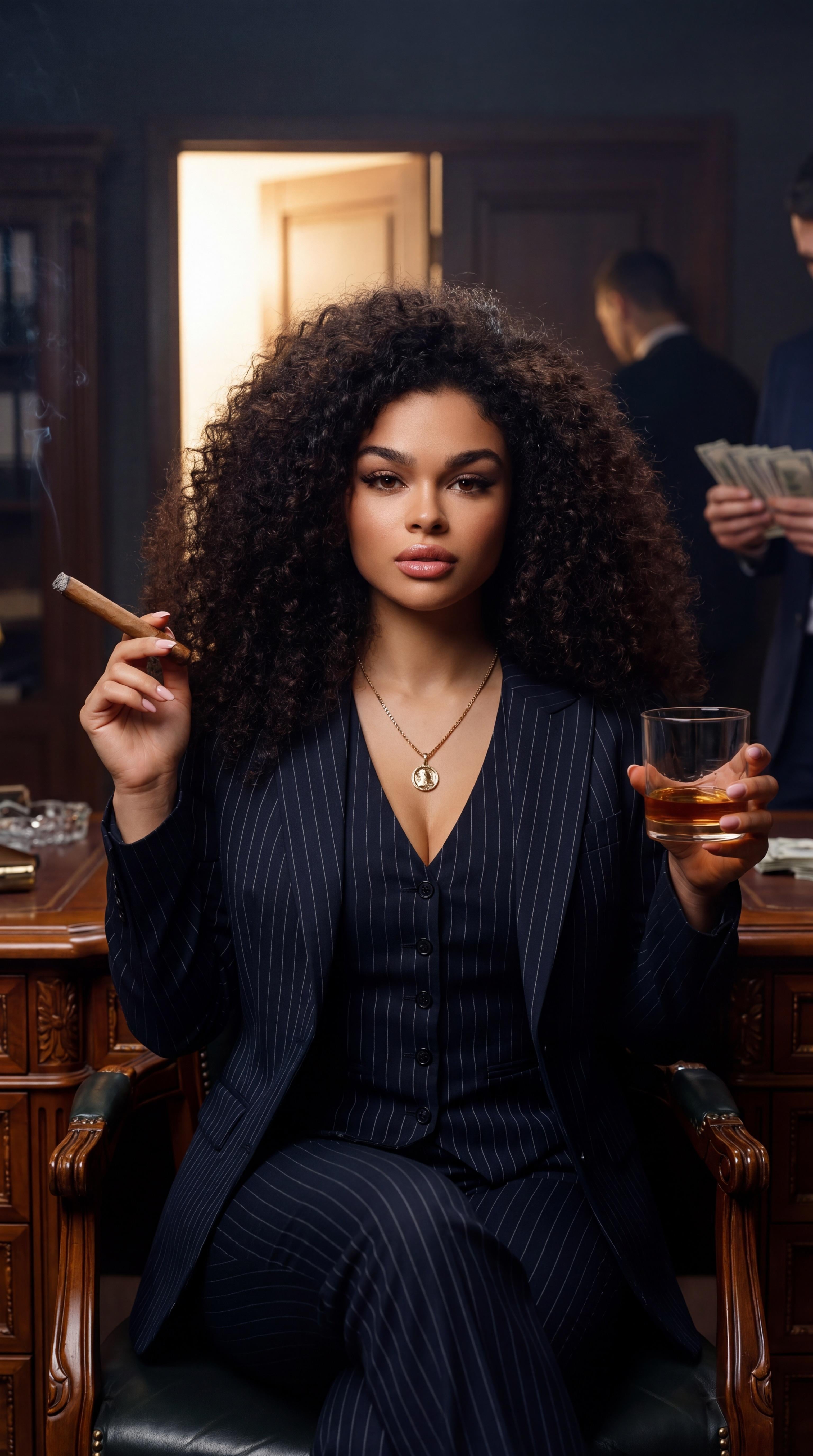 Pinstripe Suit With Cigar And Whiskey In Office