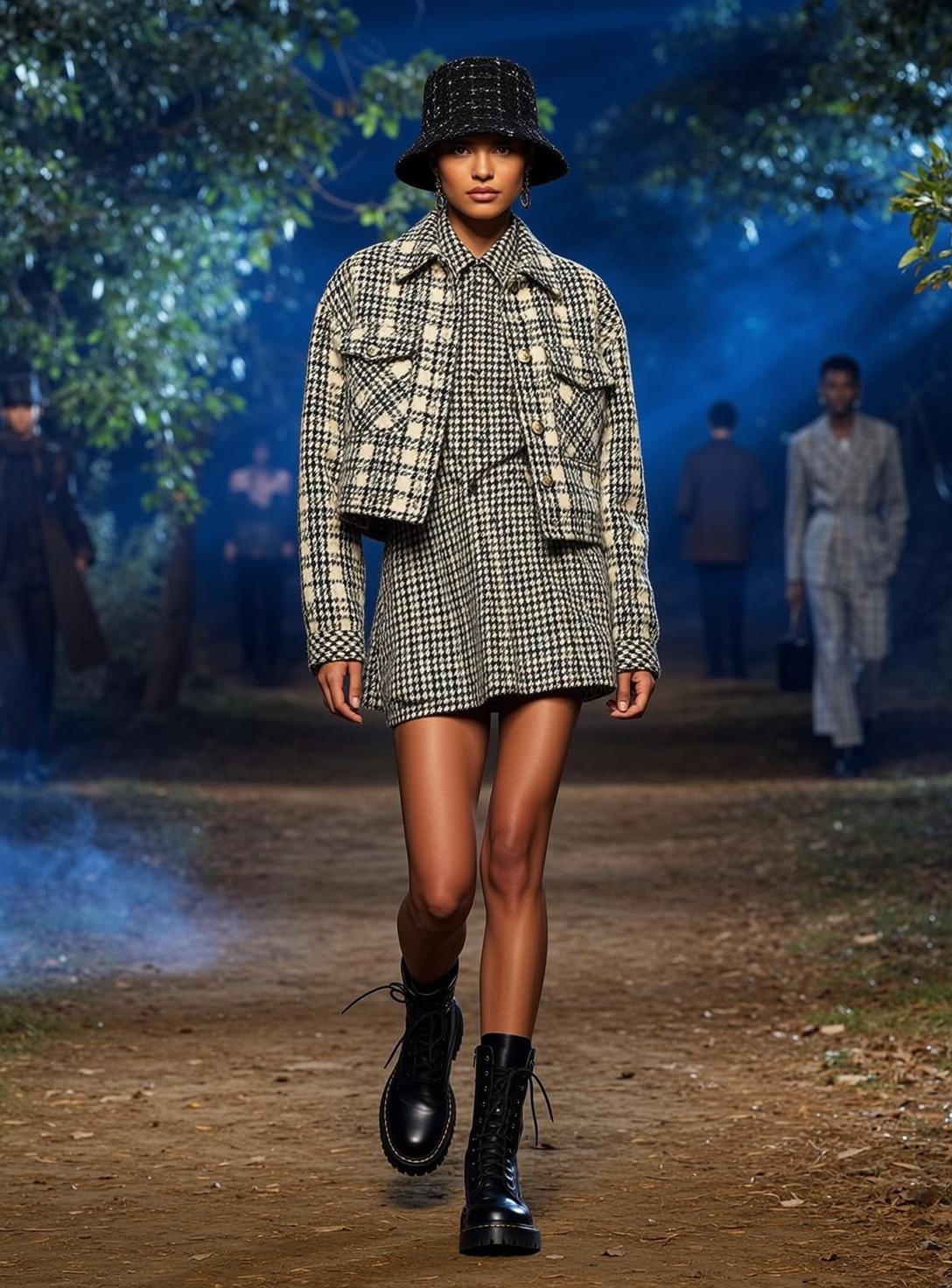 Houndstooth Outfit Woman Walks Dirt Path Black Bucket Hat