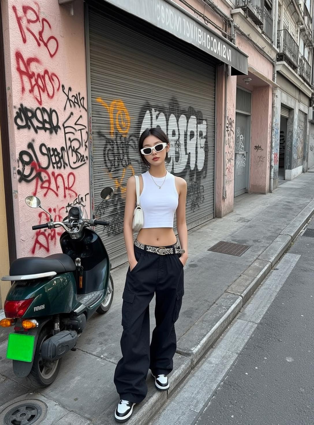 White Tank Black Cargo Snake Belt Urban Street Scooter