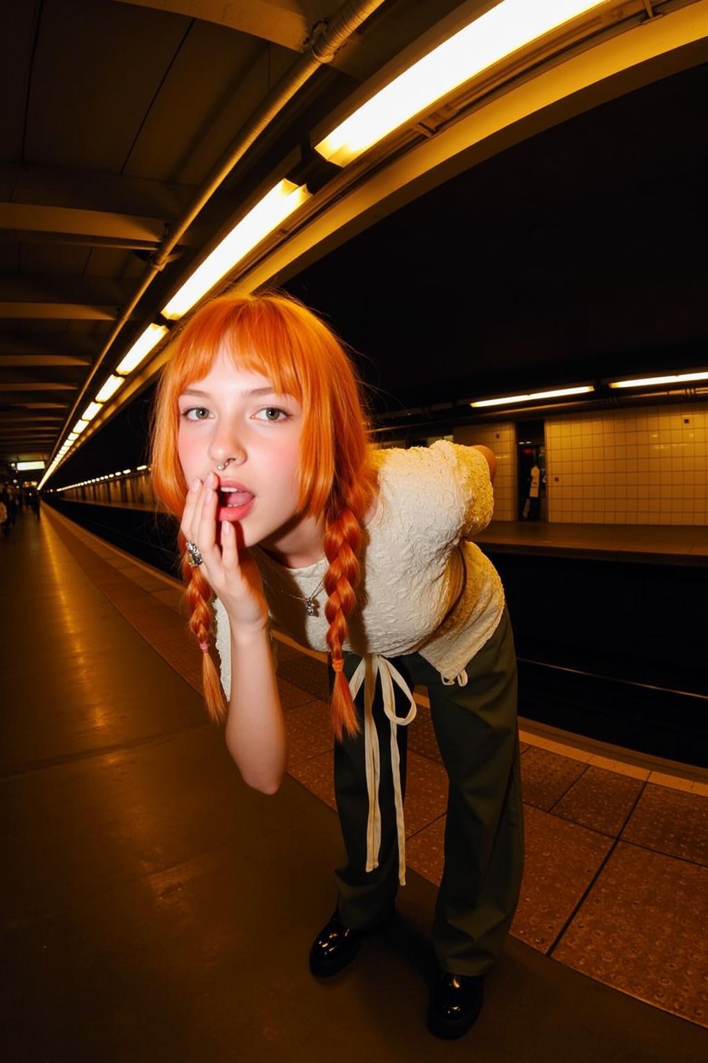 Fisheye Young Bright Orange Bangs Braided Pigtails
