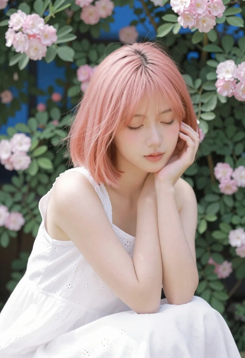 Young Woman With Pastel Pink Bob Hair And Soft Bangs reference photo