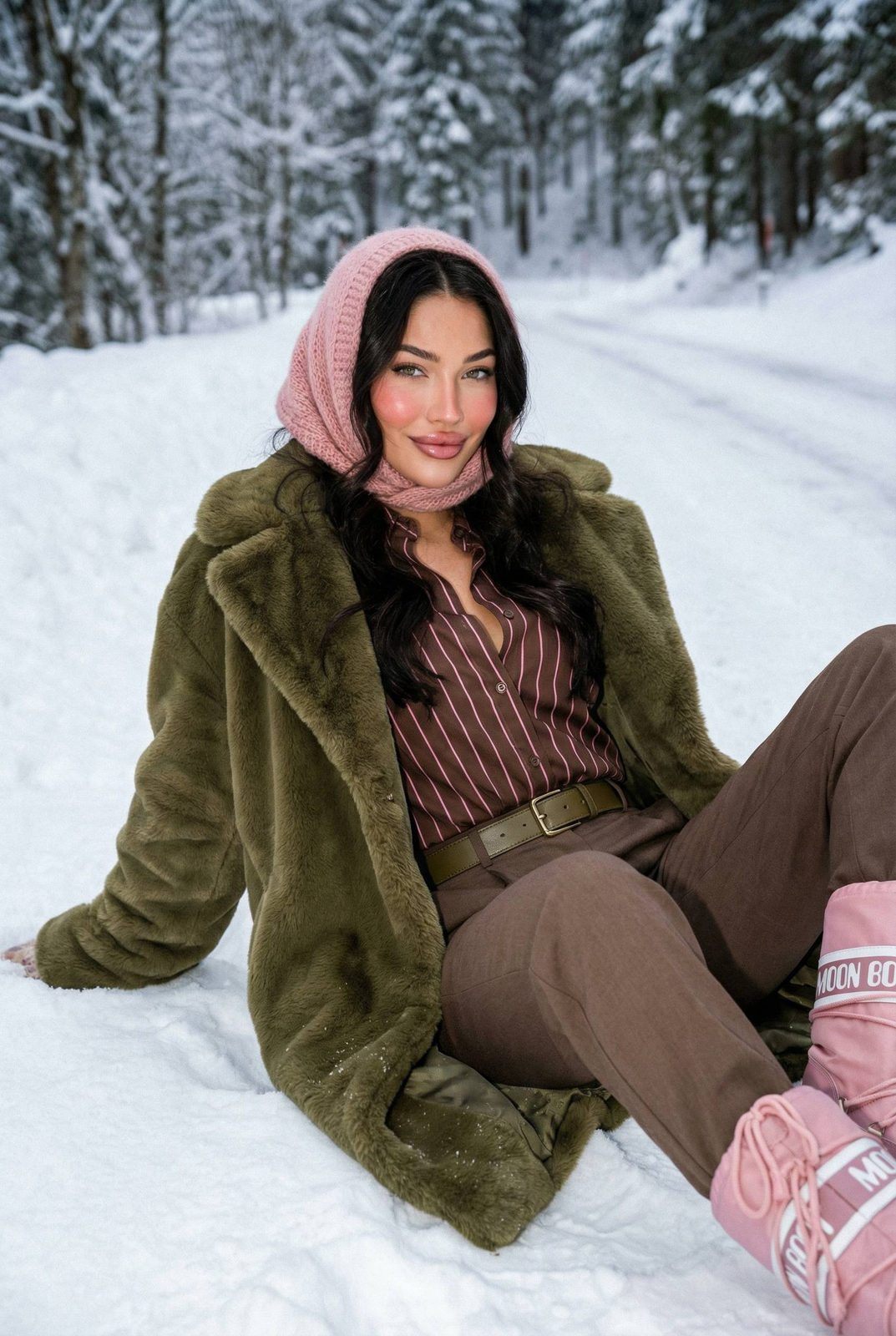 A woman in an oversized olive-green faux-fur coat sits on a snowy road, relaxed and confident, surrounded by a serene alpine forest.