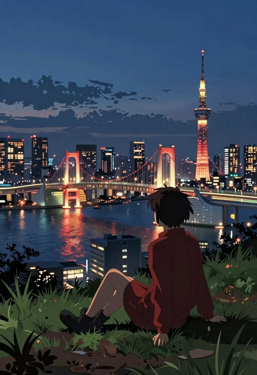 Cinematic Anime-style Wide Shot Solitary Figure Sitting Grassy Hill Overlooking reference photo