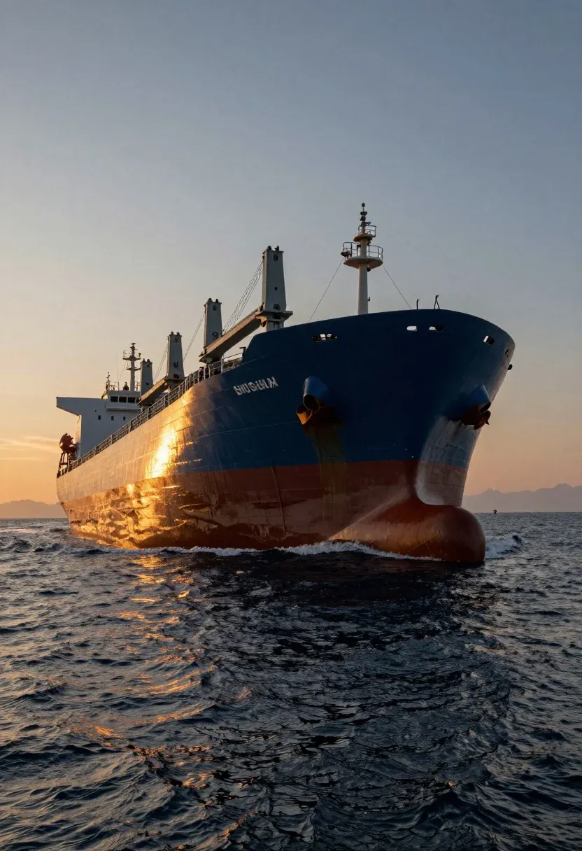 Massive Cargo Ship Dominates The Frame Sails Across Rippling Sea