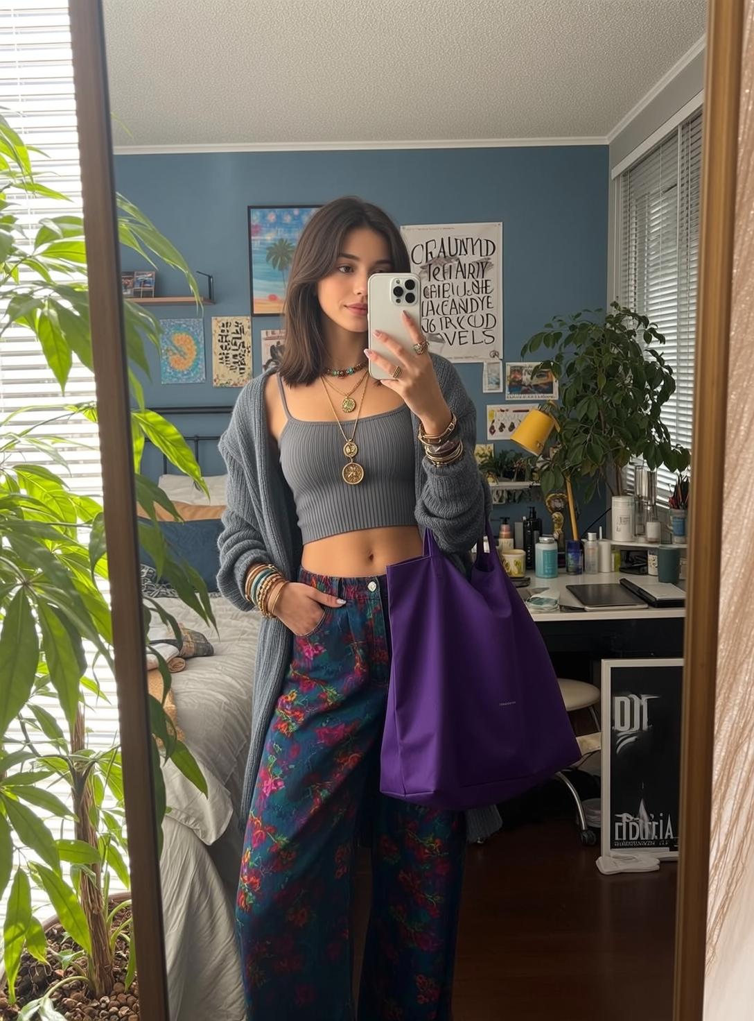 Floral Pants Grey Cardigan Purple Tote