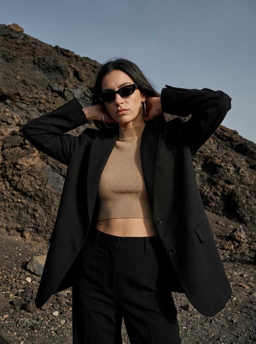 Rugged Outdoor Fashion Portrait Volcanic Rock Slope