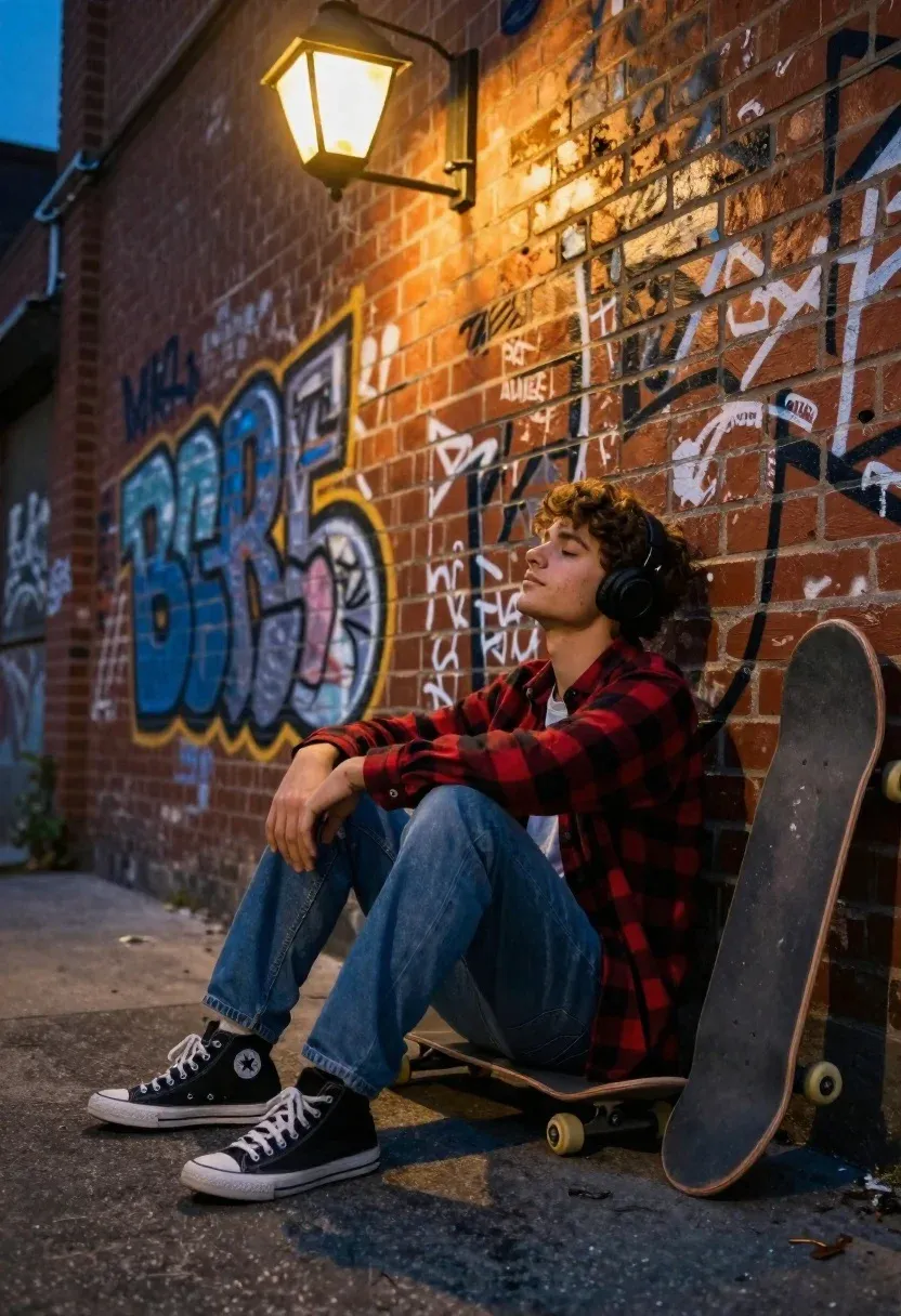 Young Man With Curly Brown Hair Sits Relaxed Against Brick