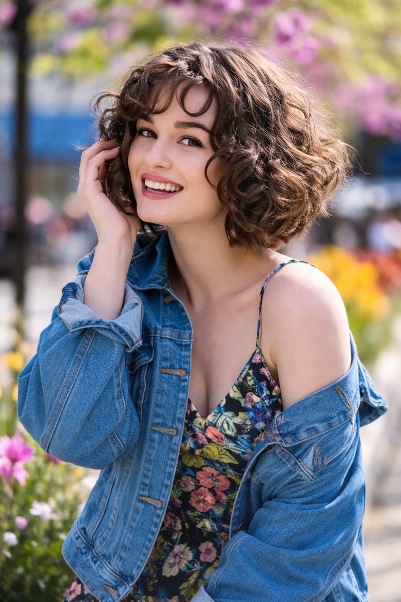 A cheerful young woman with medium brown curly hair smiling in an urban garden, wearing a floral dress and denim jacket.