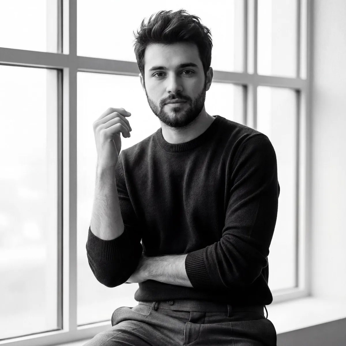 Monochrome Sweater Window Portrait