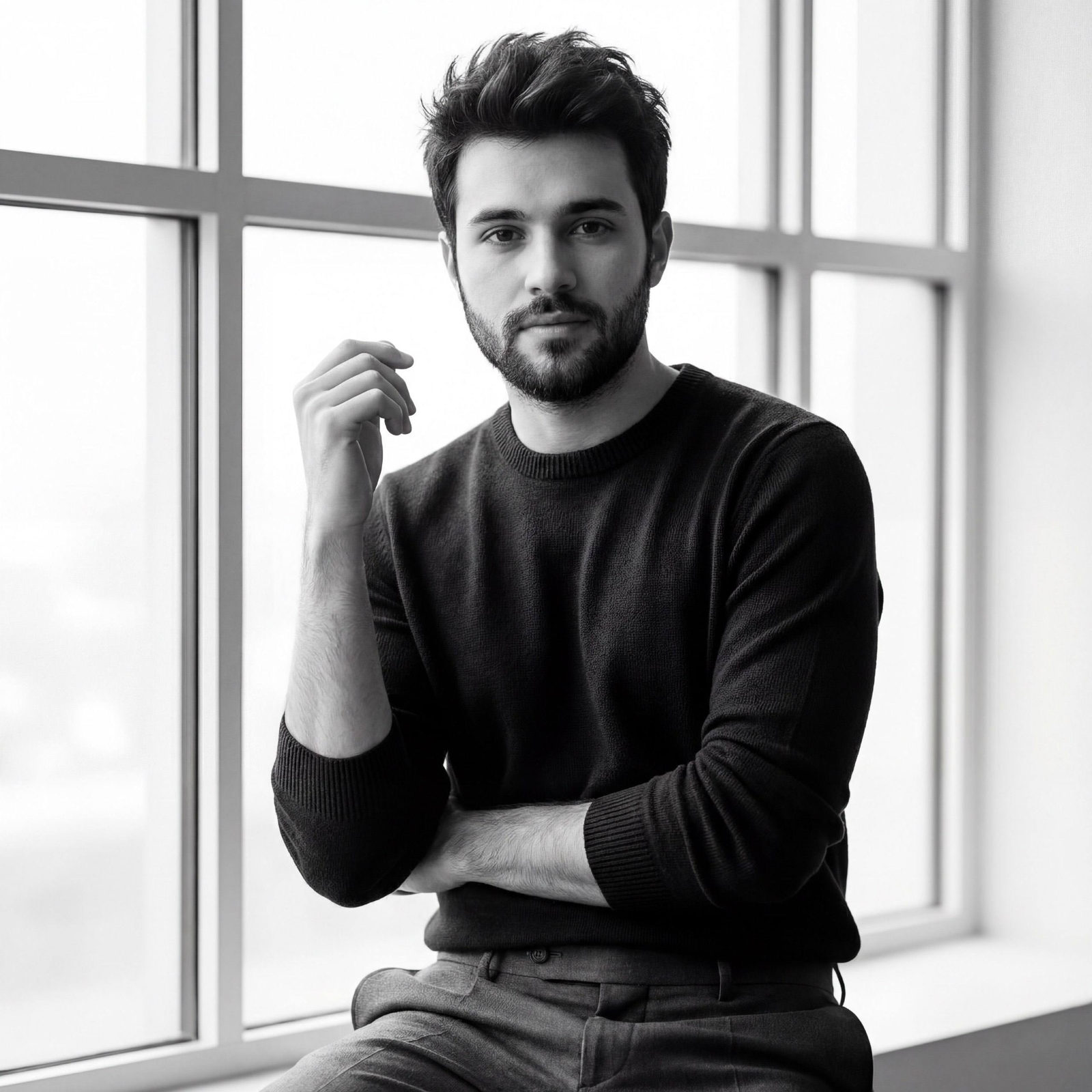 Monochrome Sweater Window Portrait