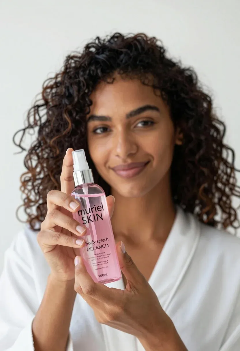 Woman With Voluminous Dark Curly Hair Holds Pink Spray Bottle