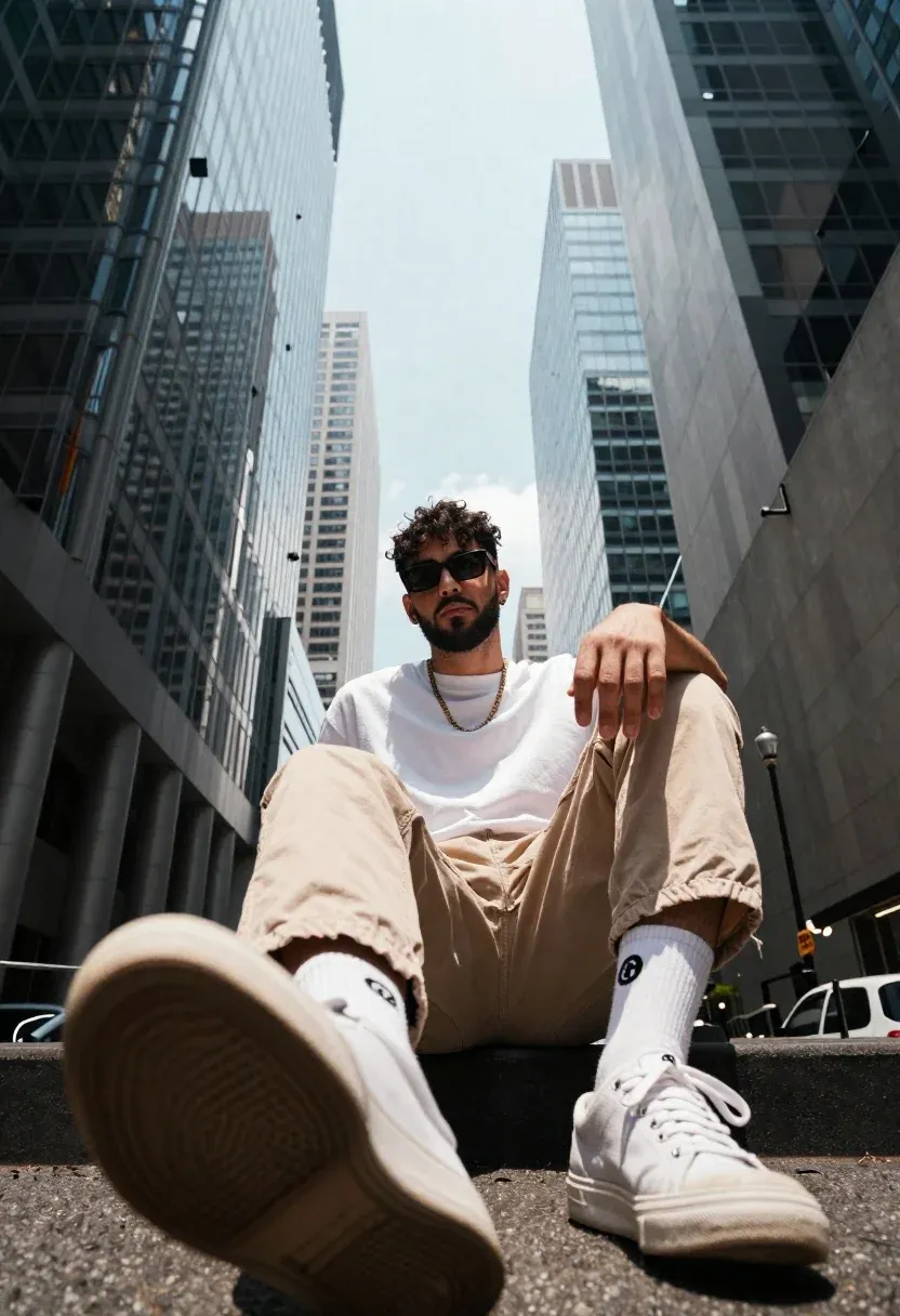 Low-angle Shot Stylish Man Sitting Urban Canyon With Towering Skyscrapers