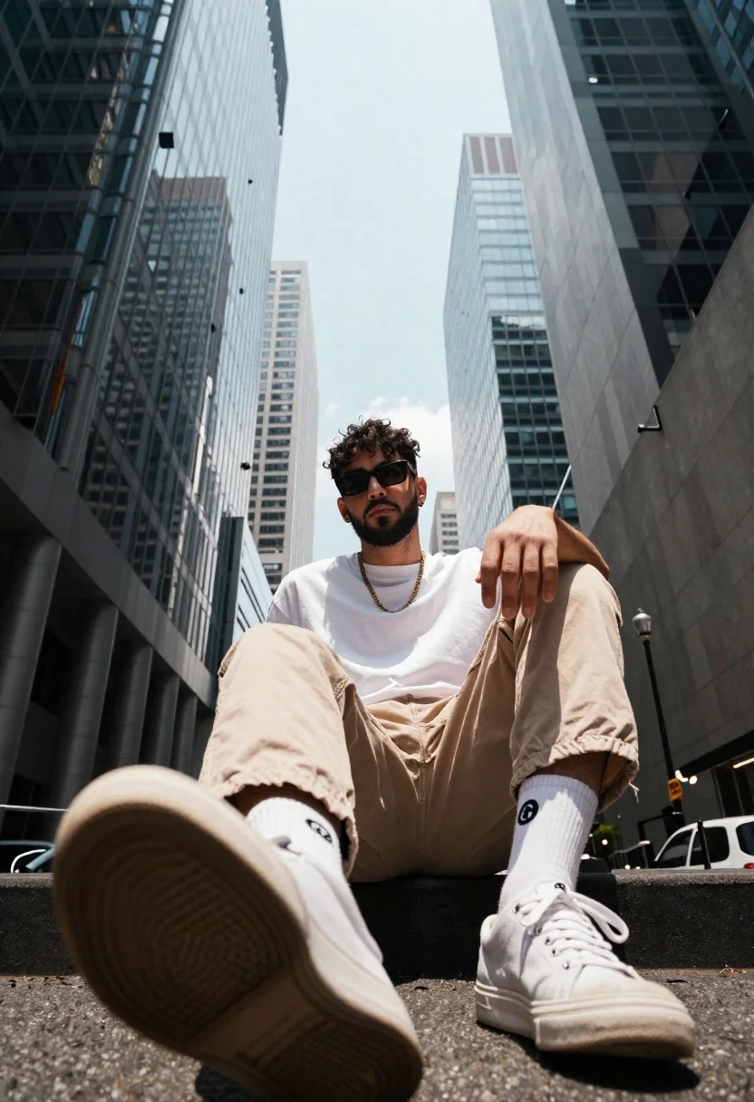 A low-angle shot of a stylish man sitting in an urban canyon framed by towering skyscrapers under bright natural sunlight.