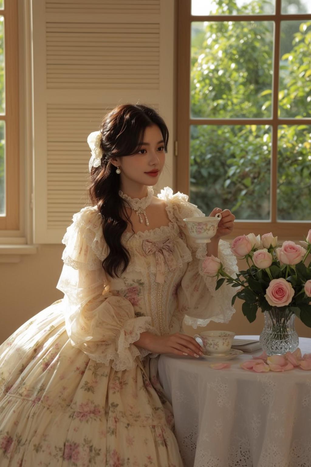 Balletcore Seated Table Holding Teacup Her Right