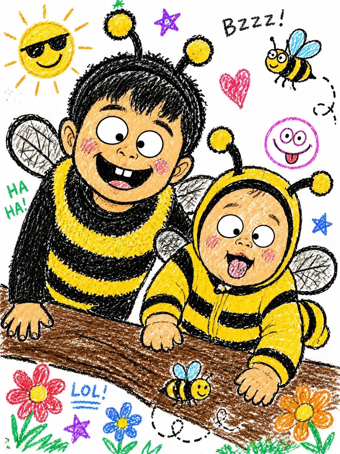 Whimsical Bumblebee Children Illustration Oil Pastel